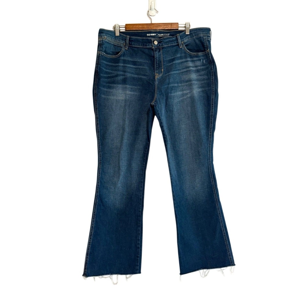 Old Navy Flare Leg Jeans Plus Size 18 Blue Denim Stretch Fray Hem High Rise